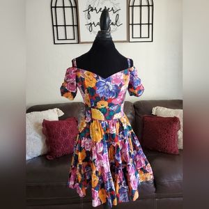 Vintage Y2K 90's Bright Floral Print Full Skirt Cold Shoulder Dress Size 9 Retro